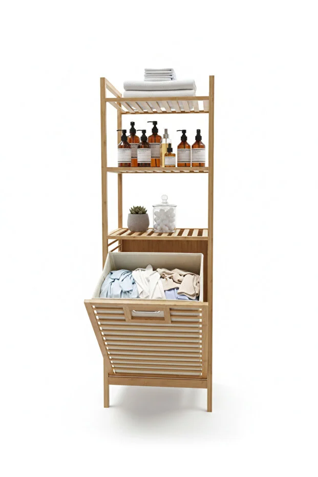 Doğal Bambu Kirli Çamaşır Sepeti ve 3 Raflı Banyo Düzenleyici